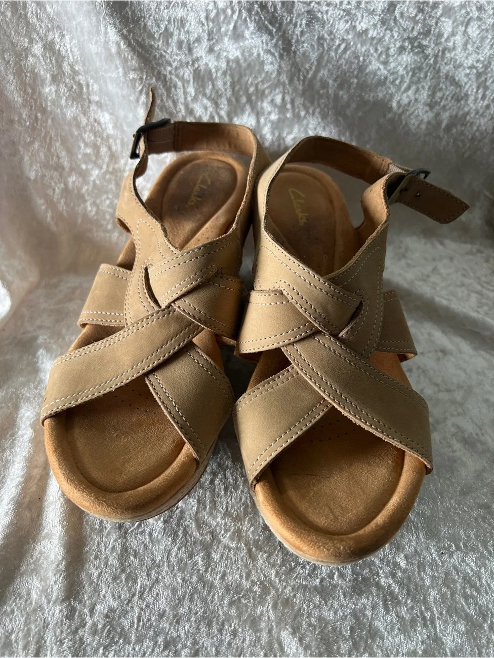 Clarks Tan Crisscross Leather Sandals with Ankle Strap